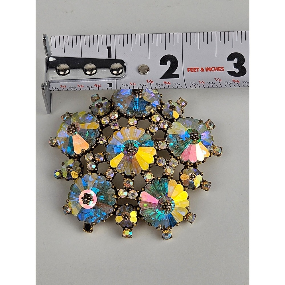 Vintage WEISS‎ Aurora Borealis AB Rivoli Floral Brooch *See Description* - Picture 6 of 6
